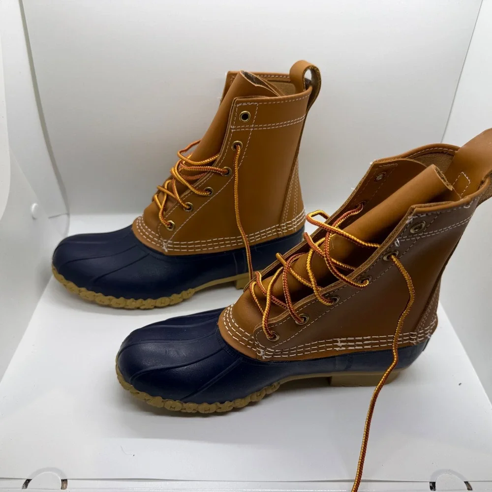 LL Bean 8 Inch Bean Boots Tan Navy Blue Leather Duck Boots 212880 Womens 6N